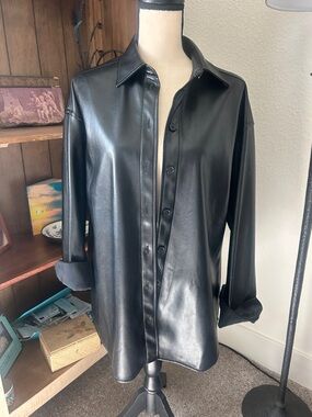 Noli Black Faux Leather Relaxed Fit Button-Front Jacket
